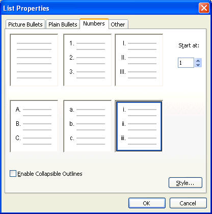 Screenshot of List Properties dialogue box
