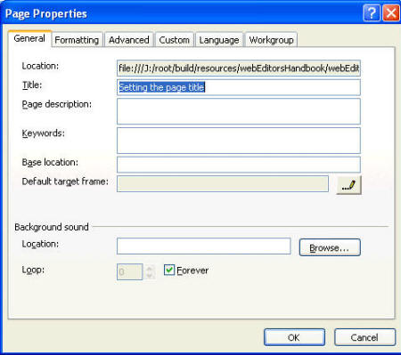 Screenshot of Page Properties dialogue box