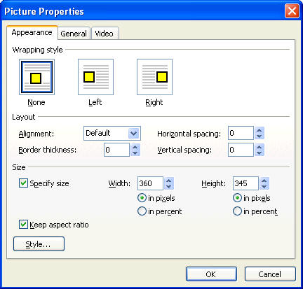 Screenshot of Picture Properties appearance tab