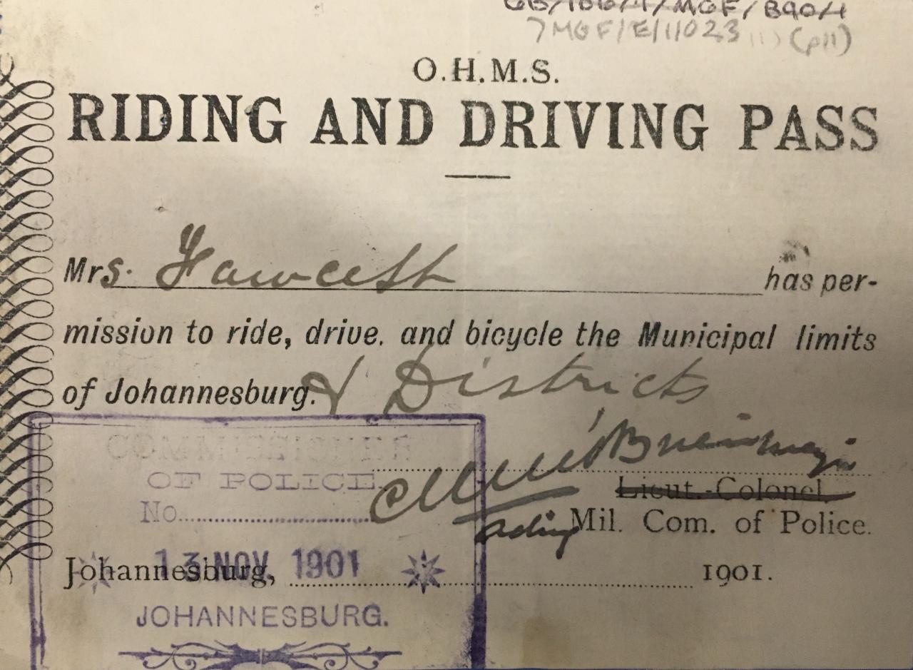 A pass with Mrs Fawcett written on it and a stamp from authorities in Johannesburg