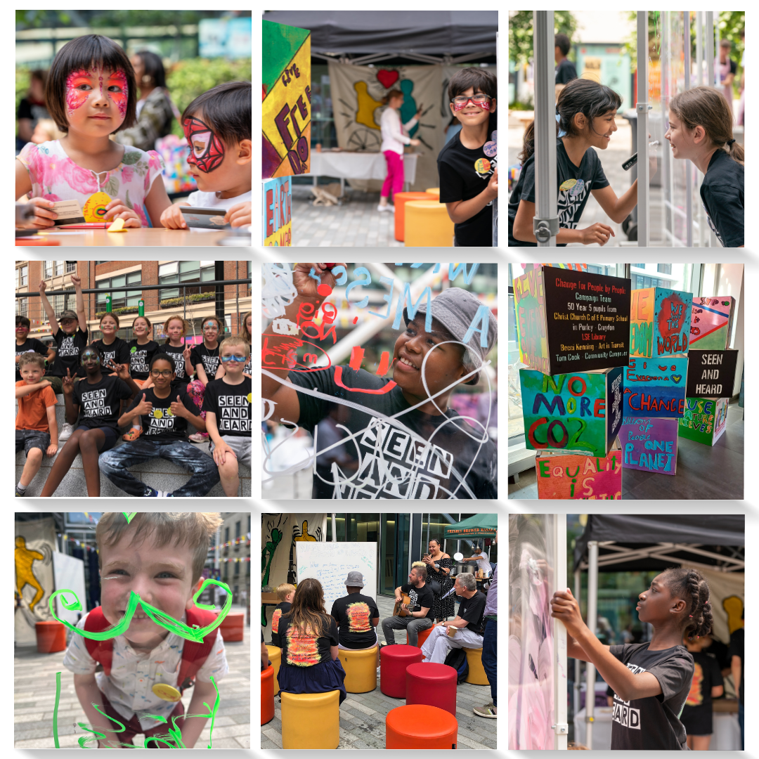 A collage of people enjoying LSE Festival. It includes children drawing and posing for a group photo.