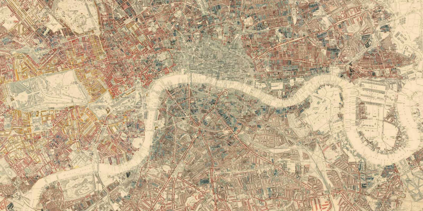 Charles Booth's poverty map of London showing from the Isle of Dogs in the east to Hyde Park in the west and Camden in the North to Peckham in the south.