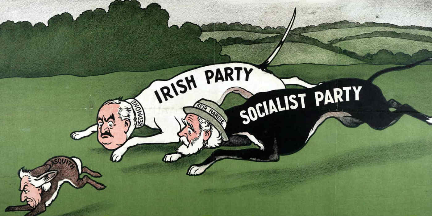 A cartoon of two politicians as dogs representing the Irish Party and Socialist Party chasing Asquith who is a hare