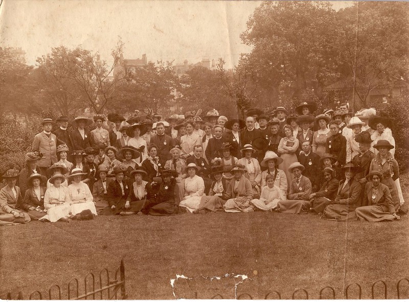 Group photo of a Church League for Women's Suffrage meeting in Brighton 1913