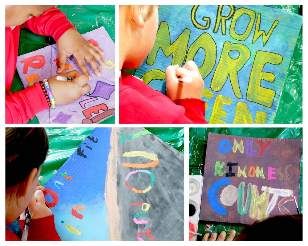 A collage of images of children working on artworks