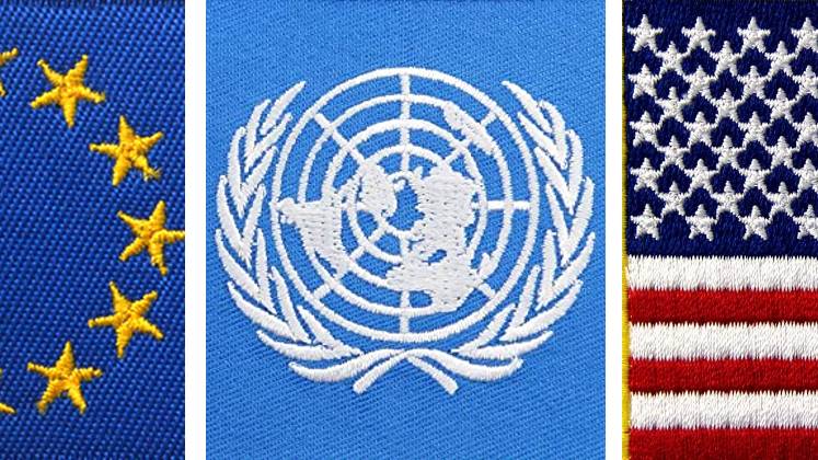 Eu, UN and USA flag collage