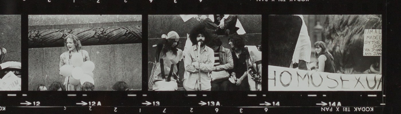 Three photos of a protest in Trafalagar Square on a contact sheet