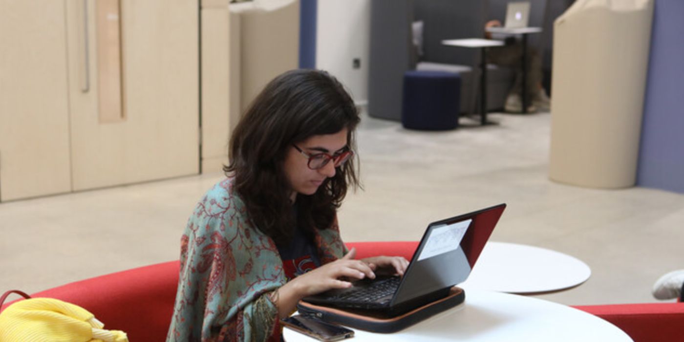 Student, female, working on a laptop at a desk.