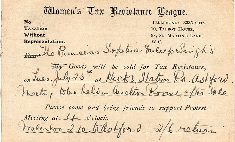 Women's Tax Resistance League - Sophia Duleep Singh's sale of goods in lieu of tax