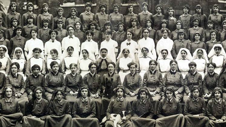 A large group of women all lined up at different levels ready for a big group photograph.