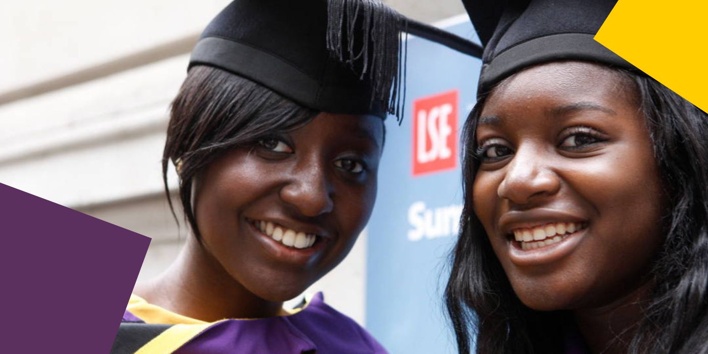 Two smiling LSE students on graduation day