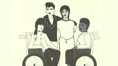 Part of a cover of GEMMA magazine. It shows drawings of 4 people, two of which are in wheelchairs