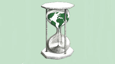 A sand timer with the Earth as the sand