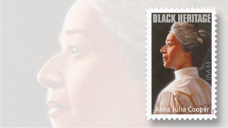 A stamp with a portrait of a woman on underneath the text "Black Heritage"