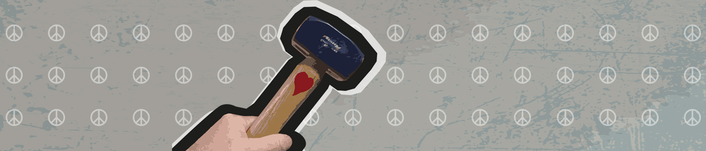 A graphic including a hand holding a hammer with a heart on. The background is grey with lines of CND symbols on.