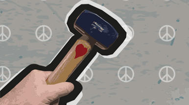 A graphic including a hand holding a hammer with a heart on. The background is grey with lines of CND symbols on
