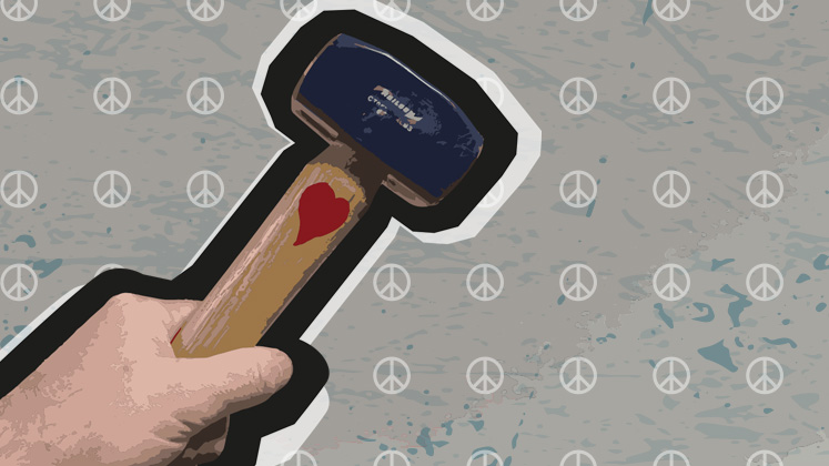 A graphic including a hand holding a hammer with a heart on. The background is grey with lines of CND symbols on