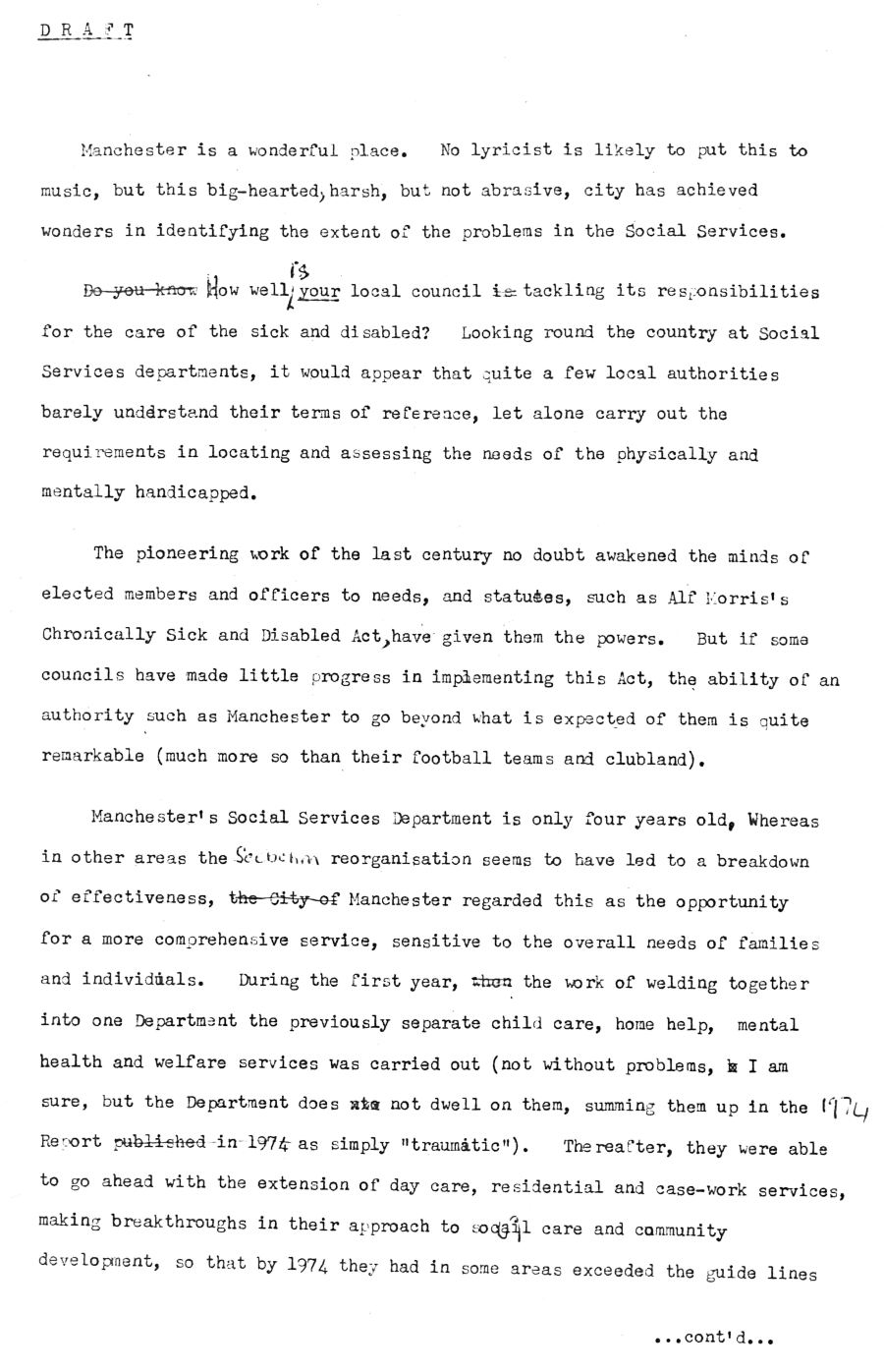 Draft of a speech Alf Morris gave in Manchester, 1971