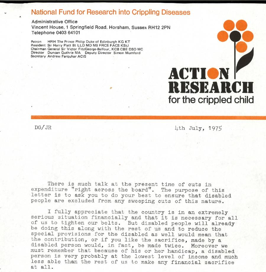 A letter to Alf Morris MP from Action Research for the Crippled Child, 4th July 1975