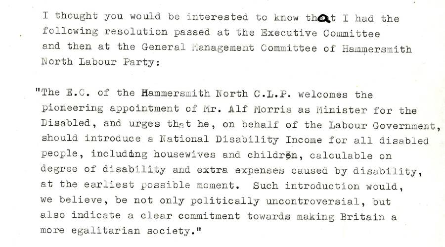 A letter from the Disablement Income Group (DIG) to Alf Morris MP, 1974