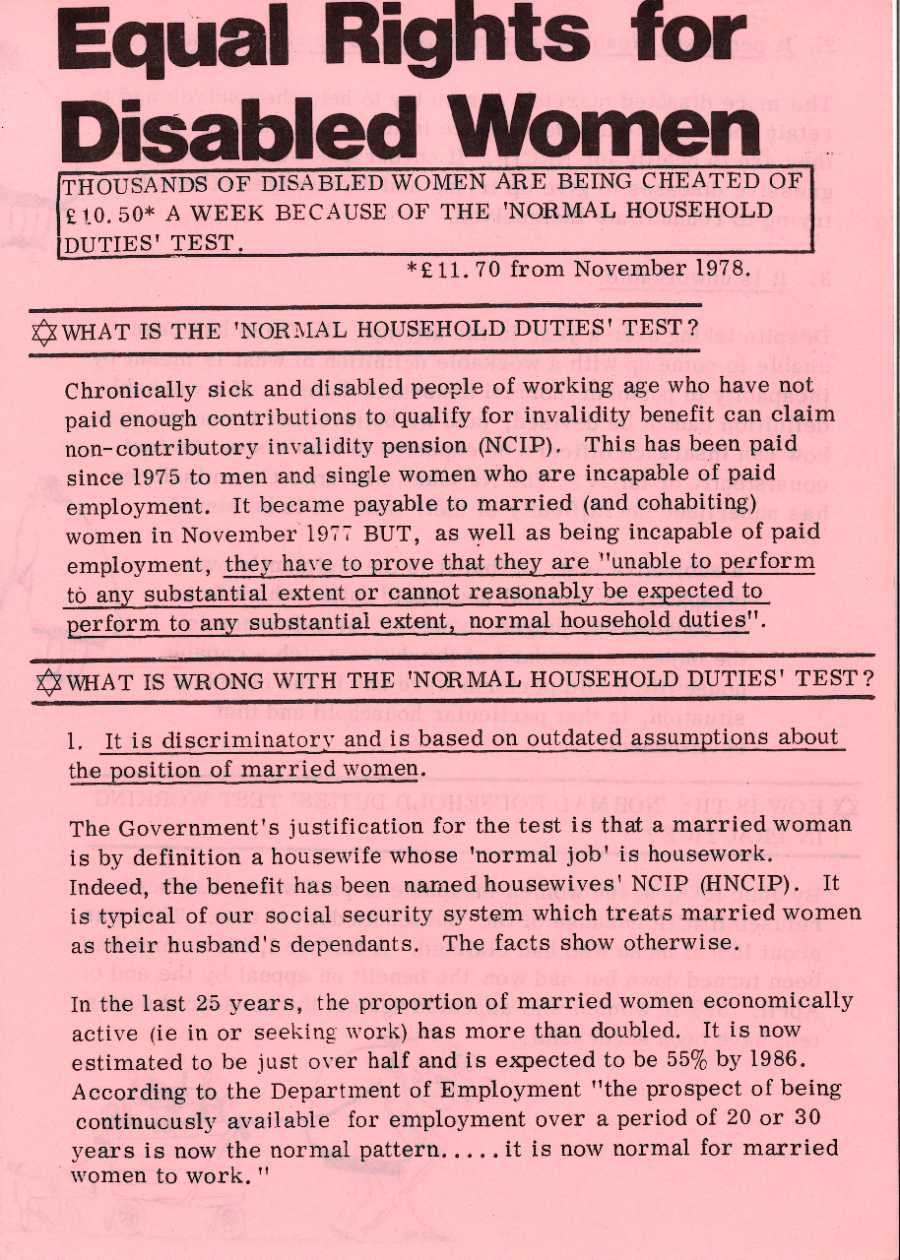 A piece of protest literature entitled 'Equal Rights for Disabled Women', c.1978