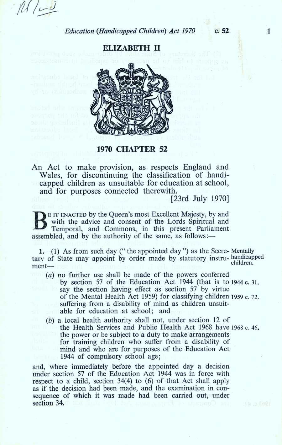 The Education (Handicapped Children) Act, 1970