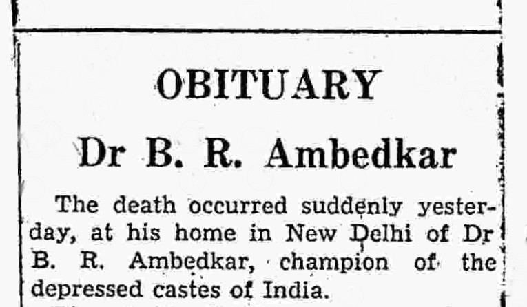 A newspaper clipping of an obituary for Dr B. R. Ambedkar