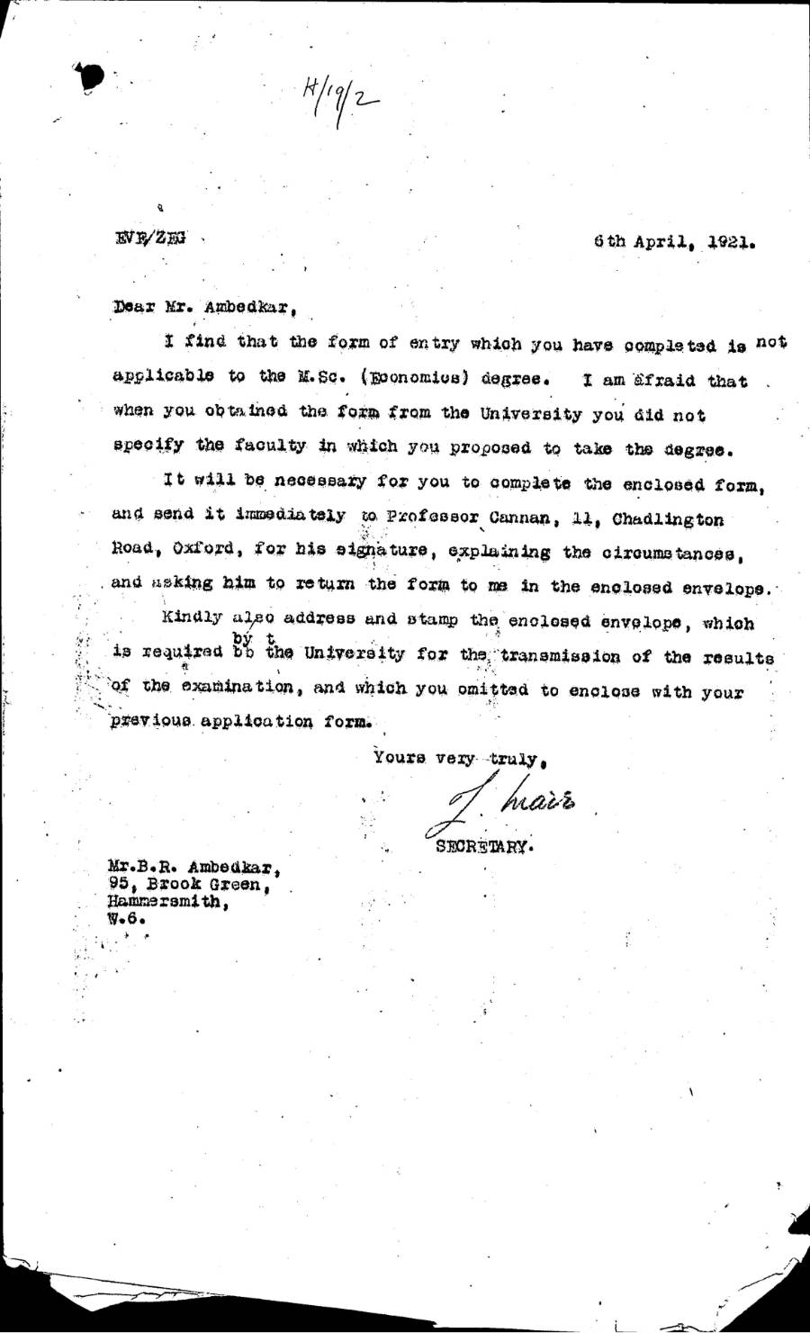 Letter from the School Secretary to Ambedkar, 1921