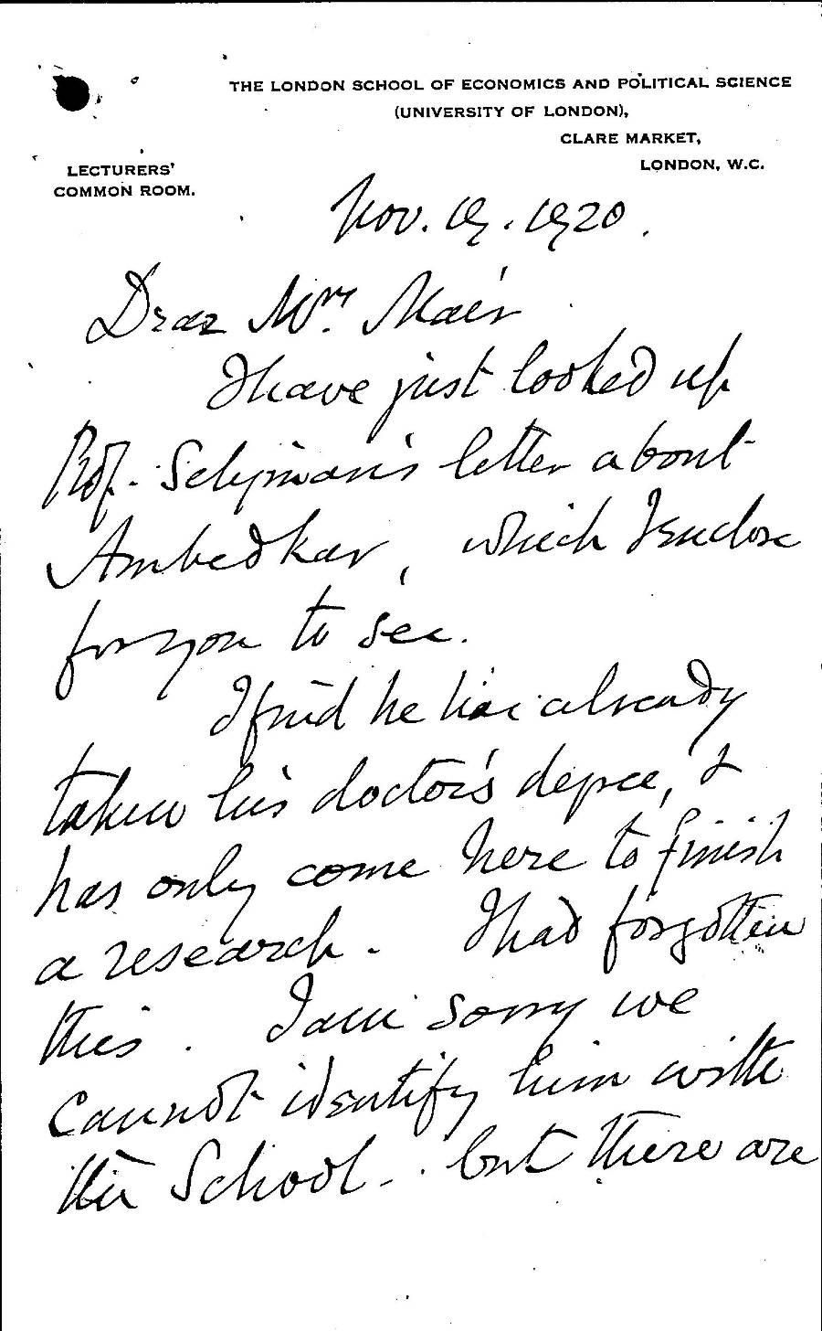 Handwritten letter Reply from Foell, 1920