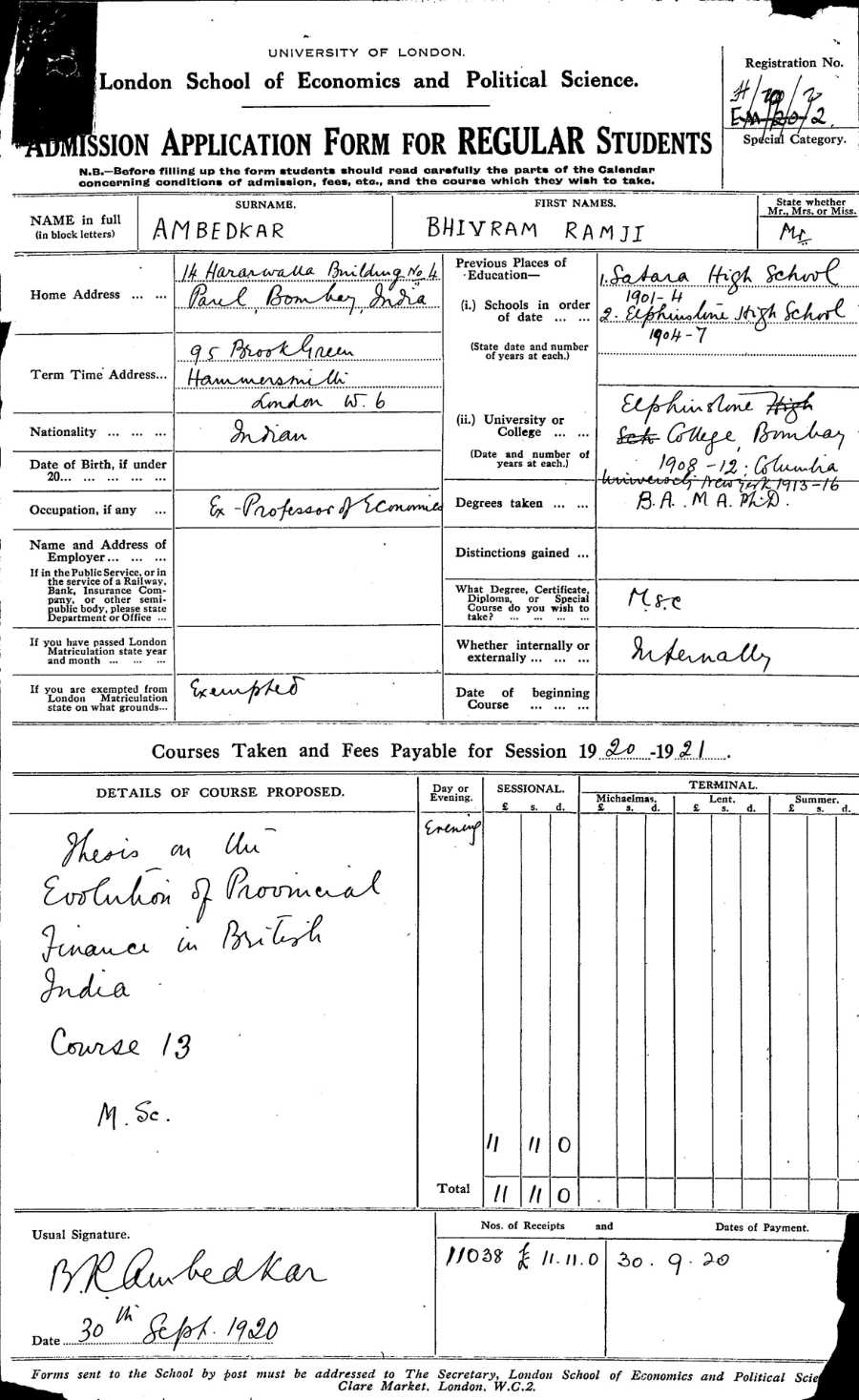 1920 Ambedkar Application form to LSE