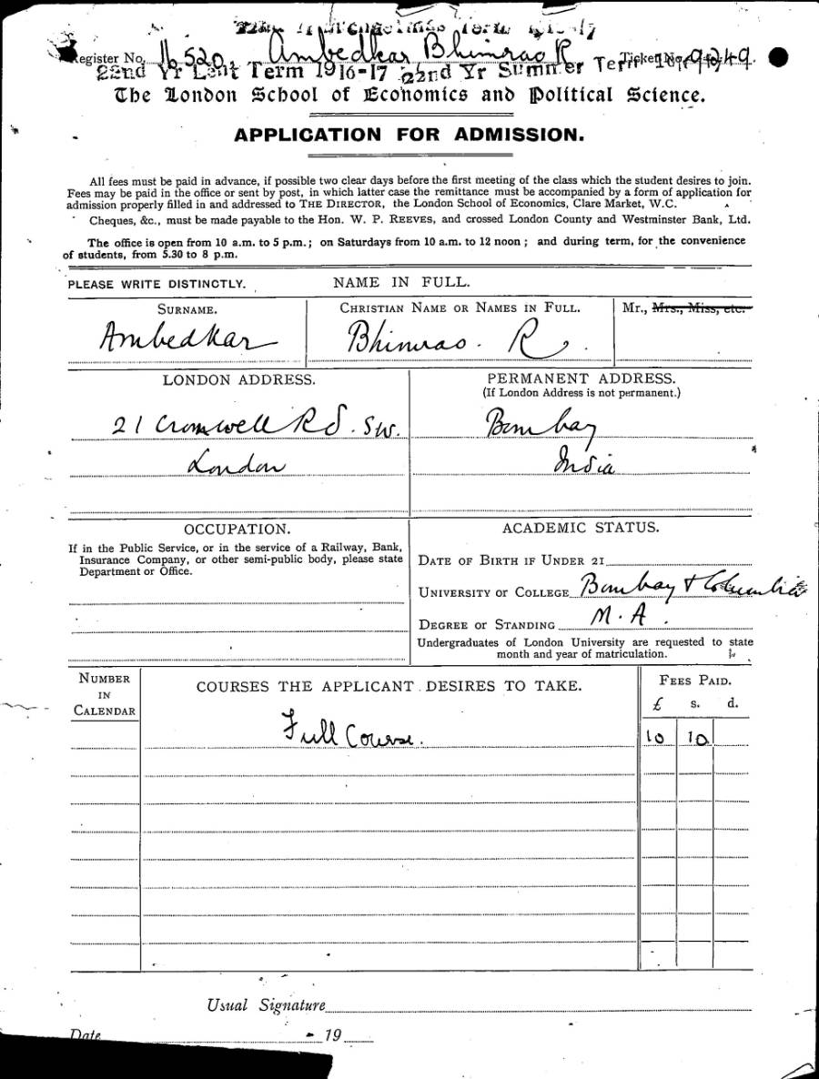 Ambedkar’s application form to study for a master’s degree at LSE, 1916.