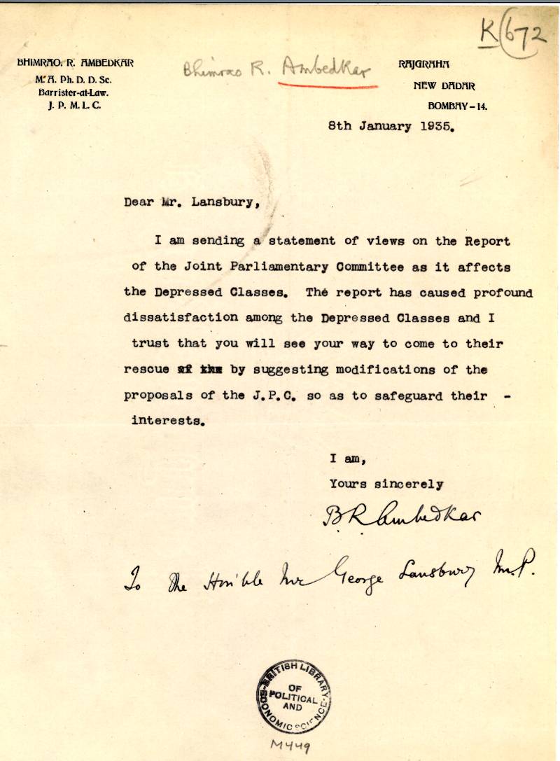 Letter from Ambedkar to Lansbury, 1935