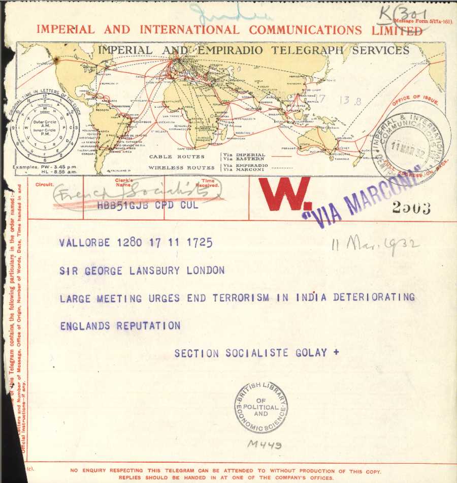 Telegram sent to George Lansbury, 1932, from Lansbury/23, LSE Library