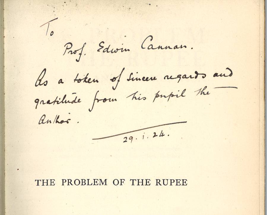 A handwritten dedication to Prof. Cannan from Ambedkar inside the front cover of 'The Problem of the Rupee'