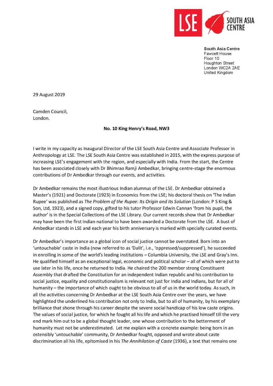 Letter from Dr Mukulika Banerjee, (LSE Anthropology), 2019