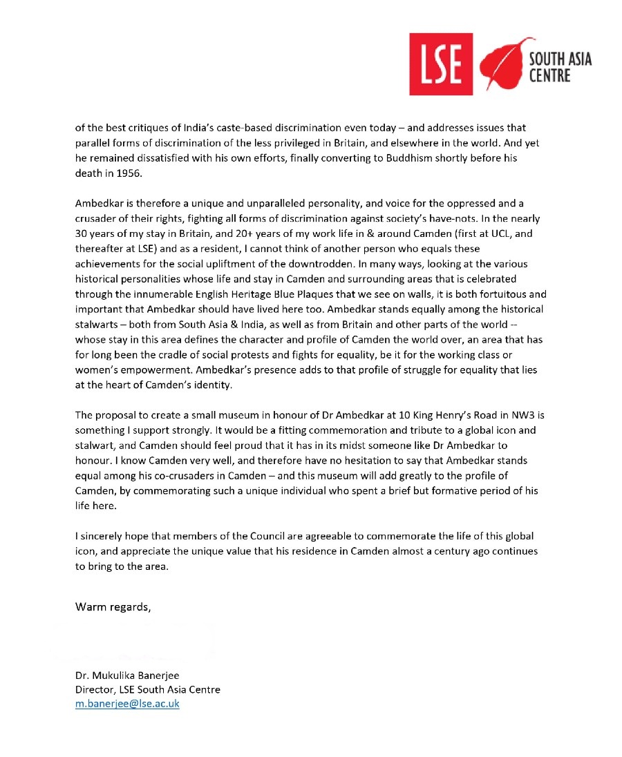 Letter from Dr Mukulika Banerjee, (LSE Anthropology), 2019