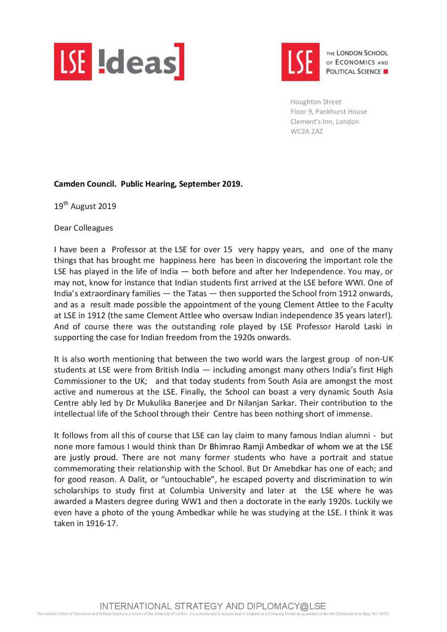 Letter from Professor Michael Cox, (LSE Ideas), 2019