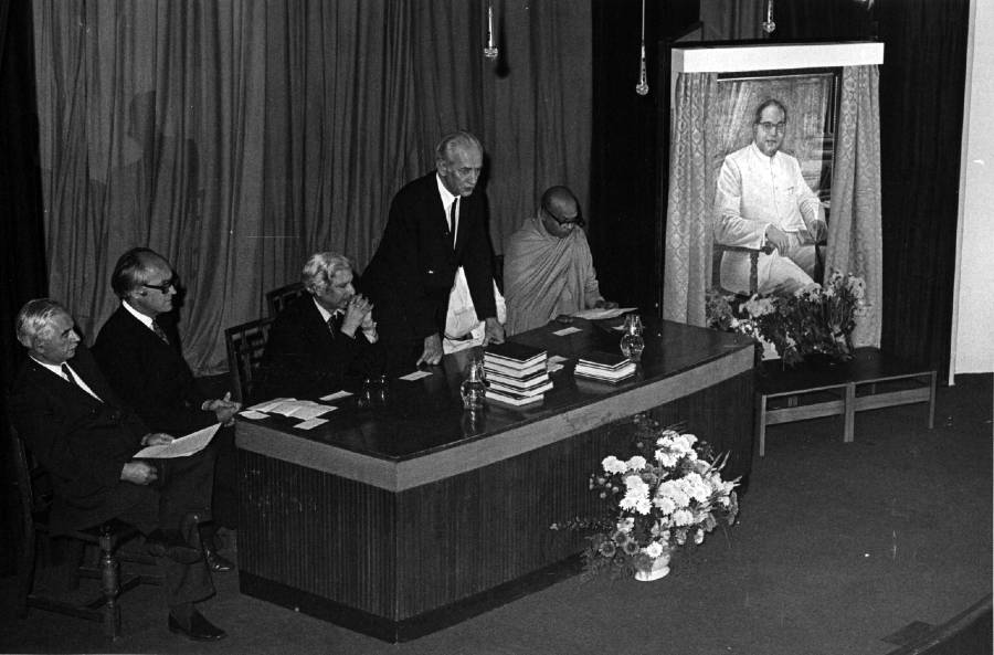 Presentation of Portrait of Ambedkdar, 1973  (left to right: Professor Arthur John (Pro Director), Mr D. A. Clarke (Librarian), Mr M. Rasgotra (Acting High Commissioner for India), Sir Walter Adams, Ven Dr H. Saddatissa (Head of London Buddha Vihara)