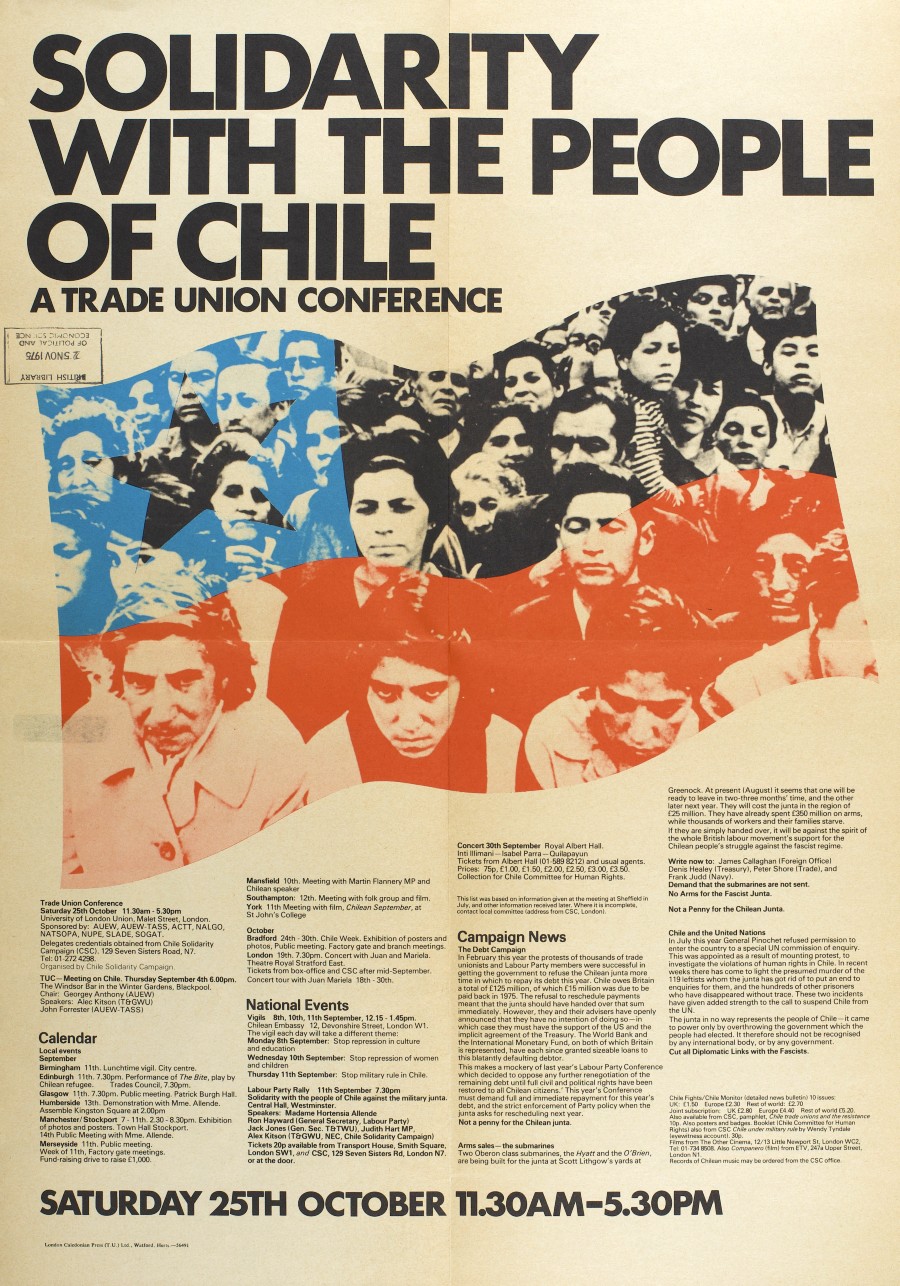 A page from the journal Chile Fights advertising a conference promoting solidarity with Chileans.