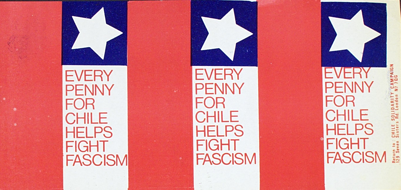 A graphic of three Chilean flags next to each other with 'Every penny for Chile helps fight fascism' written on them.