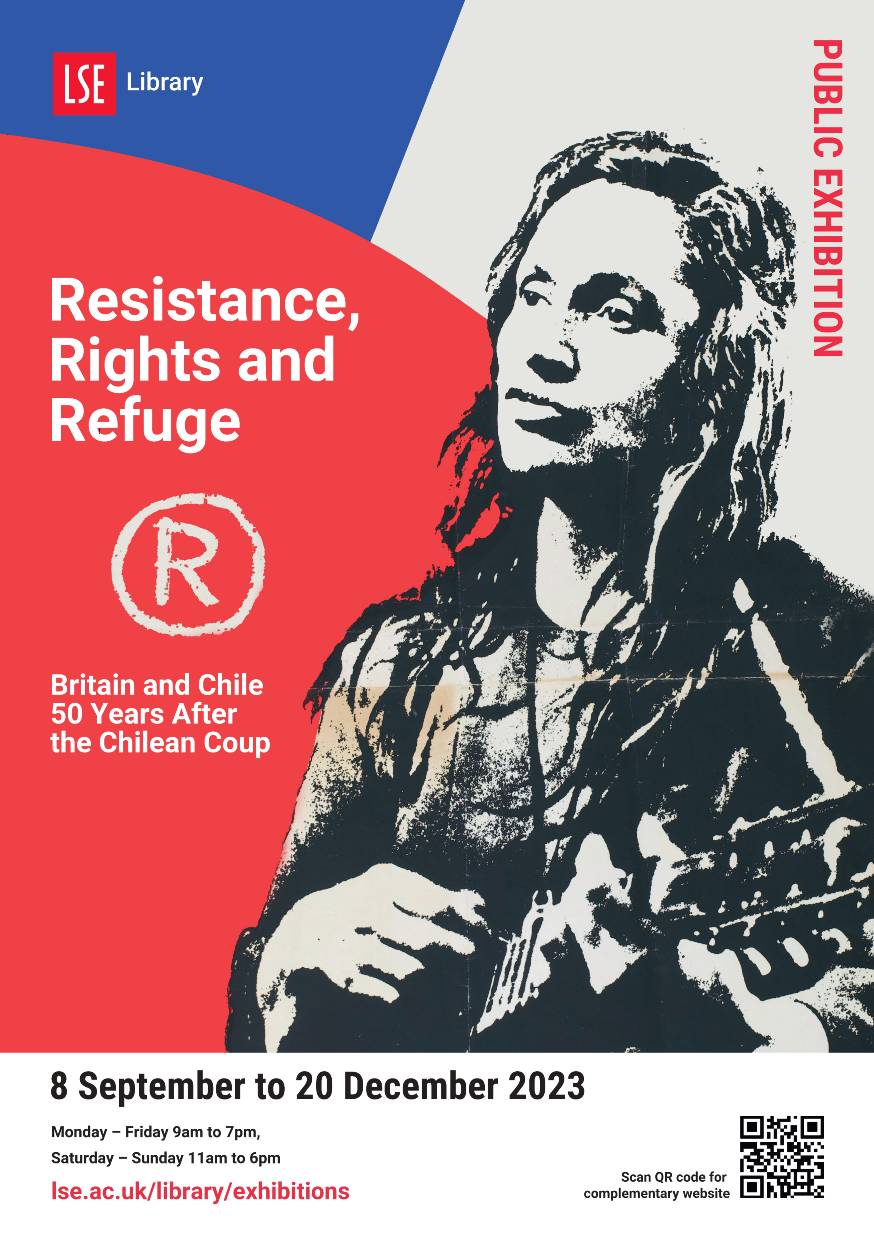 A promotional poser for the exhibition Resistance, Rights and Refuge. Includes a person with a guitar and the colours of the Chilean flag.