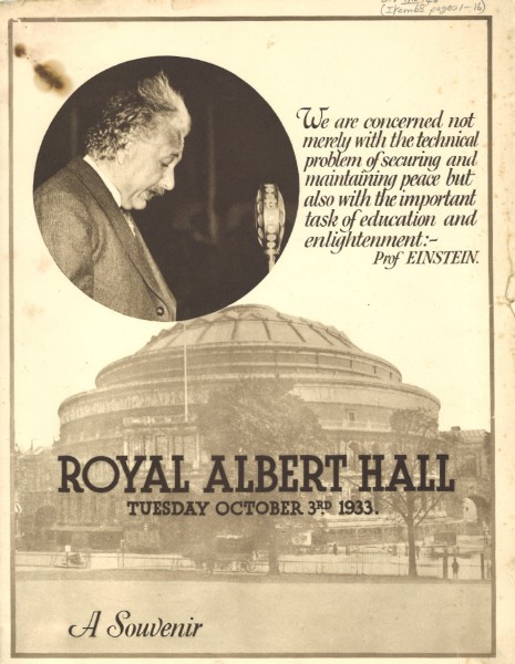 An image of a souvenir pamphlet from an event where Albert Einstein gave a speech supporting academic refugees fleeing persecution.