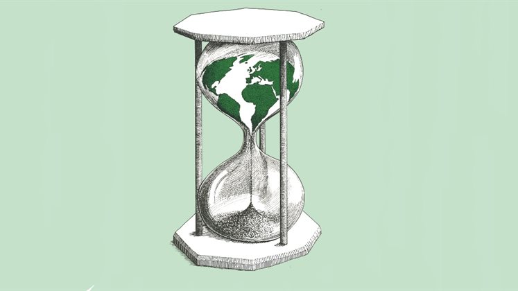 A sand timer with the Earth in the top slowly melting away.