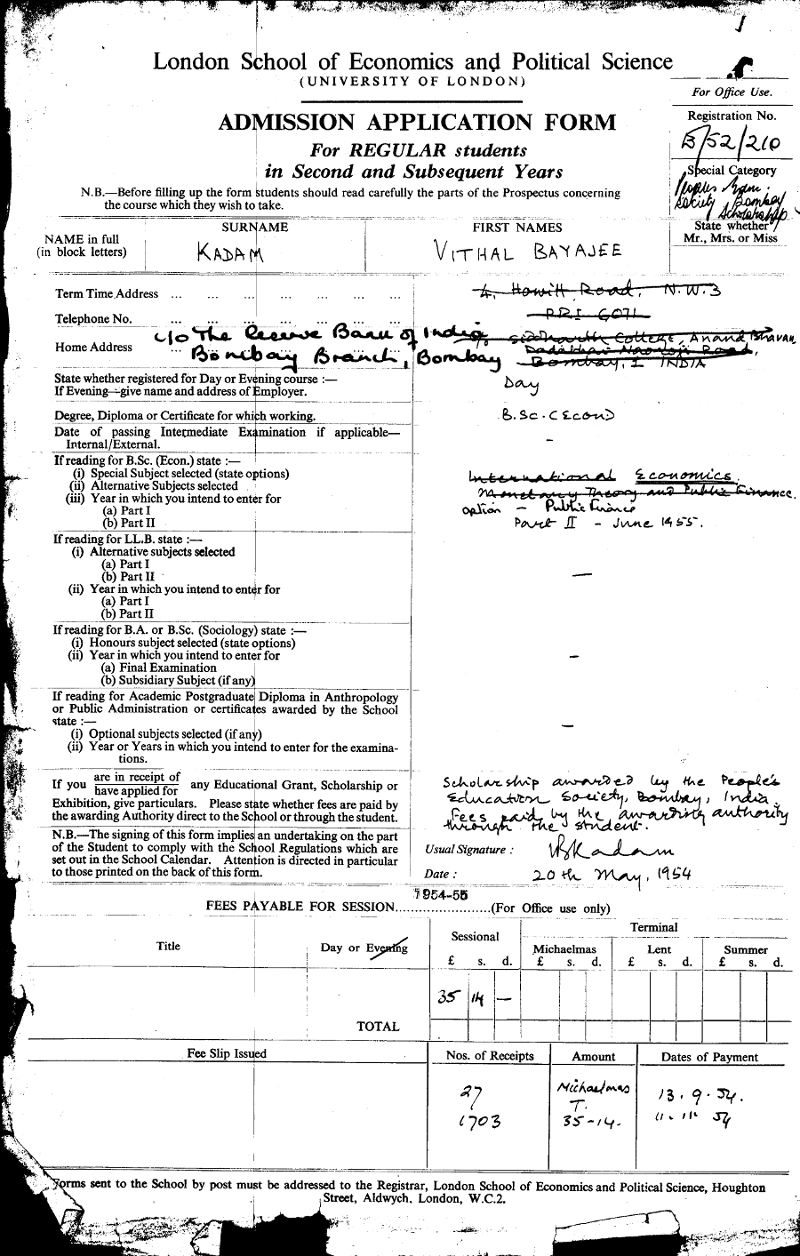 Kadam's LSE application form