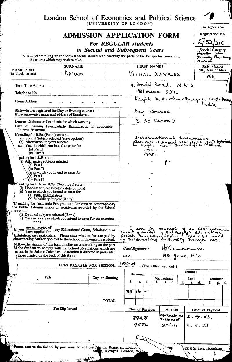 Kadam's LSE application form