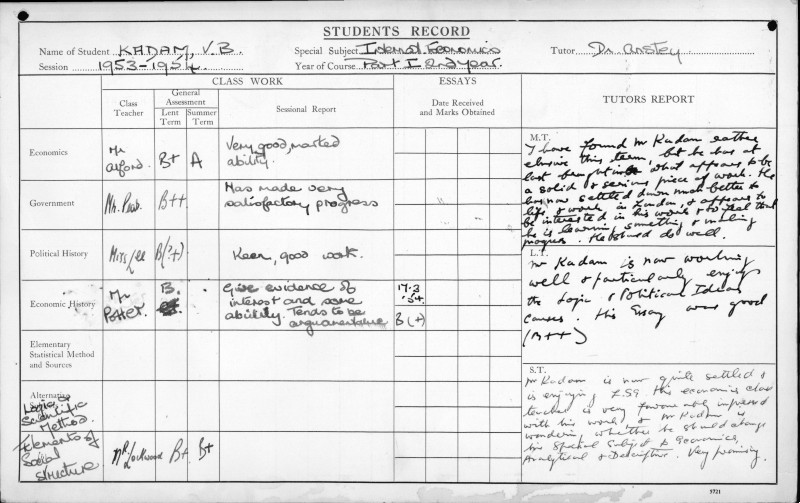 Kadam's student record from 1953-54