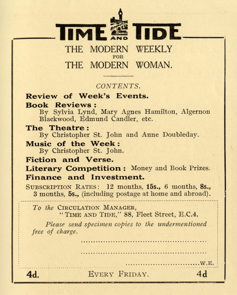 An advert for Time and Tide magazine