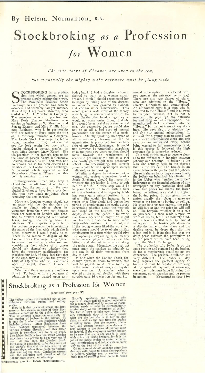 An article by Helena Normanton addressing stockbroking as a profession for women