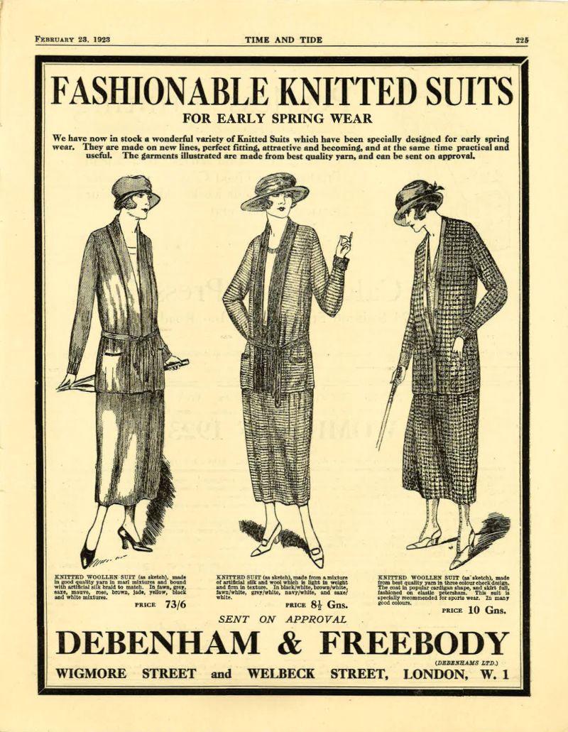 An advert for knitted suits including a drawing of three women in knitted suits and hats
