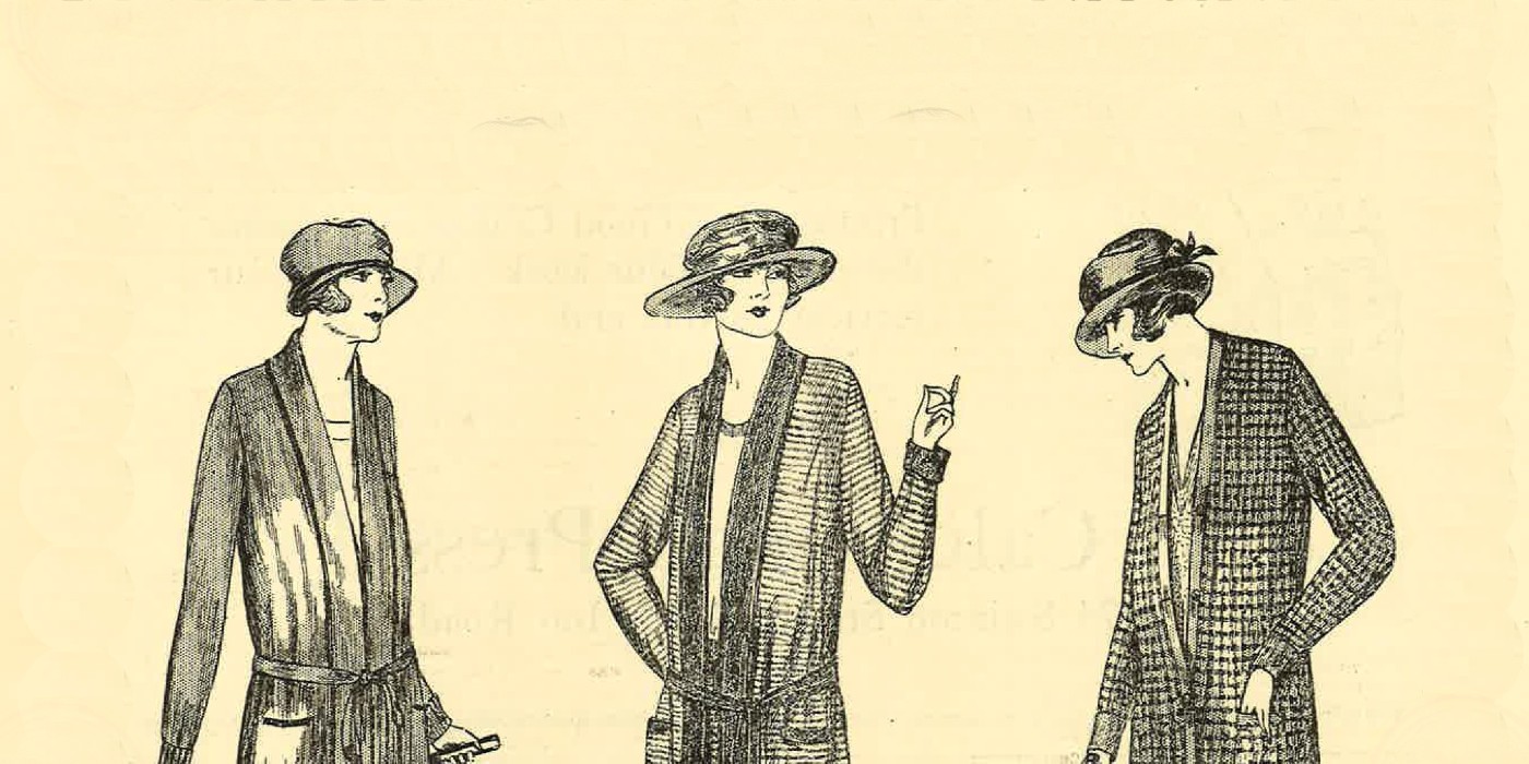 A drawing of three women in knitted suits